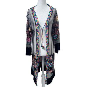 Womens S Sheer Black Floral Embroidered Cardigan Crochet Trim